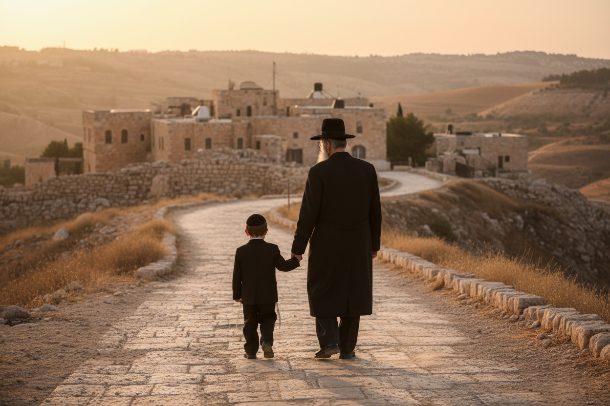Hasidic man and child walking in old Eretz Yisroel